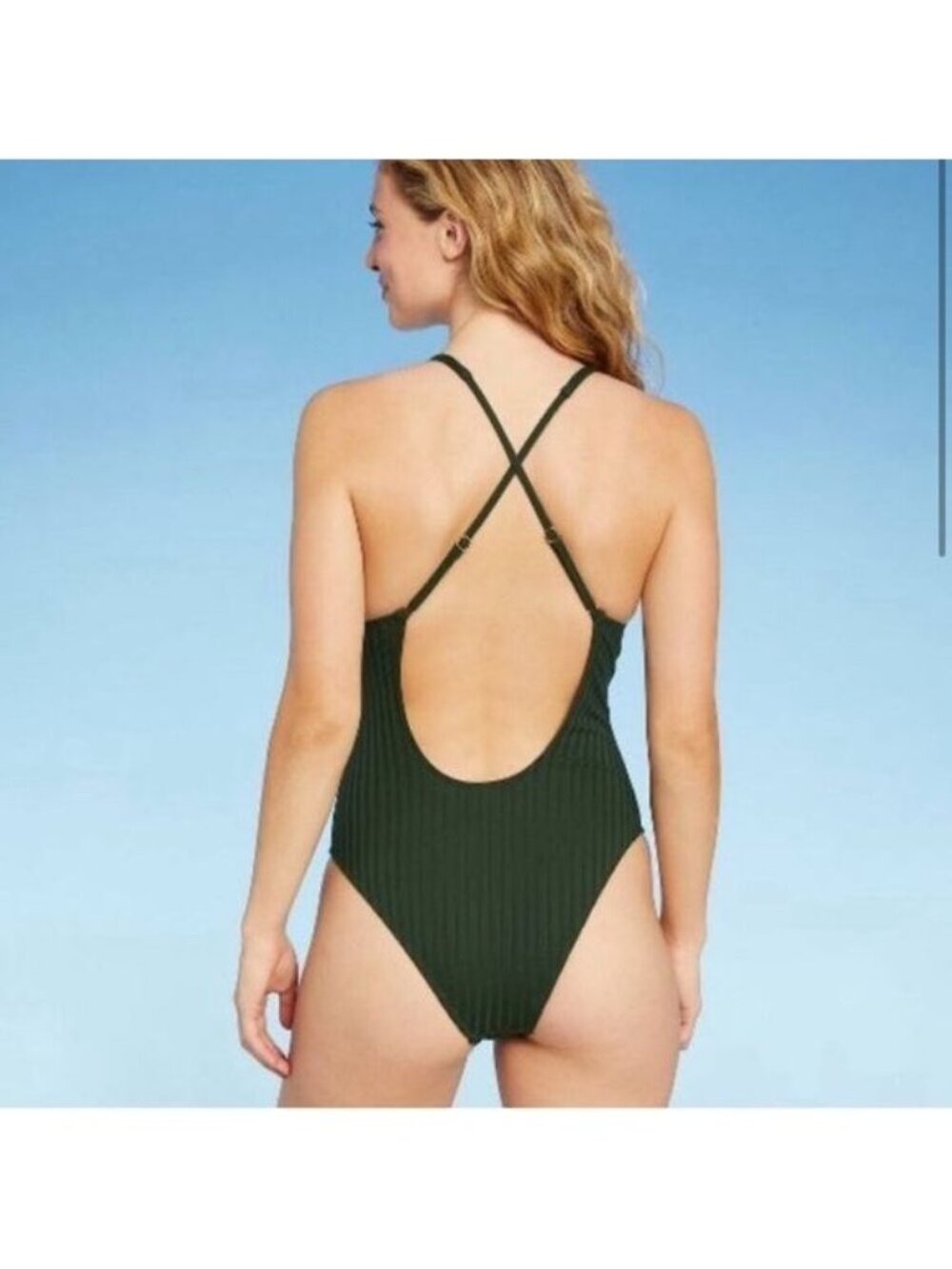 Shade & Shore Womens Ribbed Deep V-Neck One-Piece Swimsuit Cross Back M Made In - Picture 2 of 7